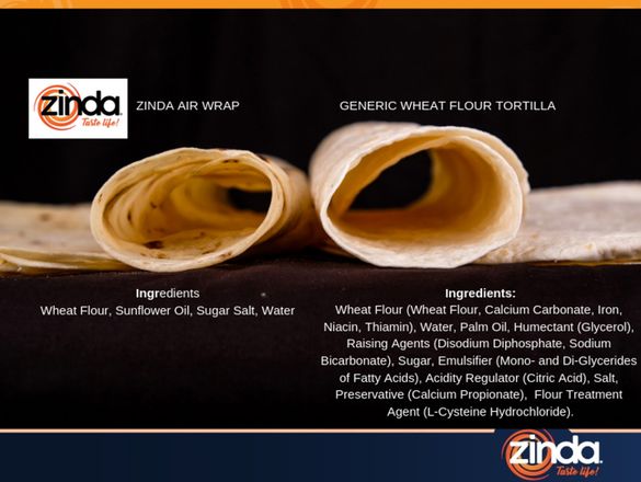 Zinda Foods AirWrap compared to standard tortilla wrap Zinda Foods AirWrap compared to standard tortilla wrap
