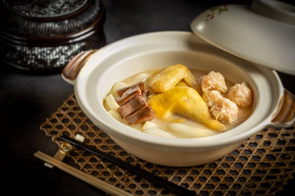 Sautéed Fresh Shrimps; Shark’s Bone Soup with Jinhua Ham, Shrimp Dumplings and Chicken 