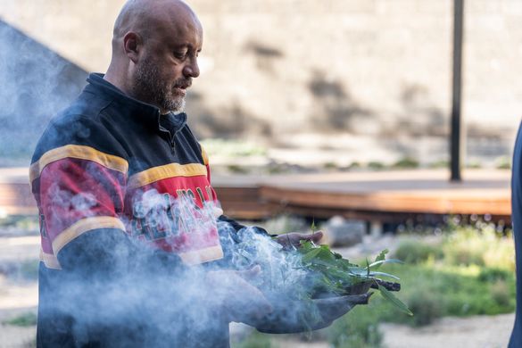 Wurundjeri Elder Uncle Bill Nicholson performs a ceremonial cleansing at Pentridge