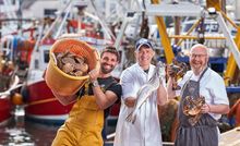 Frazer Pugh, director of The Handpicked Scallop Company, Josh Perkes, co-owner of Brixham Seafish, Simon Hulstone, chef-proprietor of the Michelin-starred Elephant Restaurant
