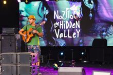 A person playing an acoustic guitar on stage at Nozstock Festival under purple lighting
