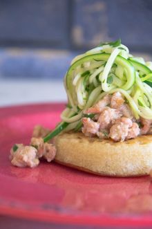 Brown shrimps in Cod Roe butter on crumpets with courgette ribbons 