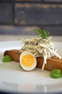 Crisp potato_Cod Roe terrine with pea puree