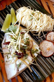 Barramundi fillets with lime ginger and shitake