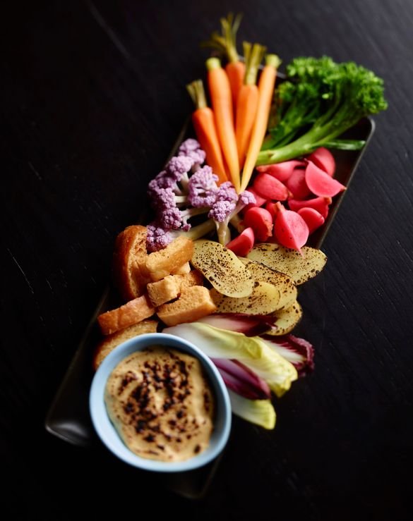 Burnt bleu cheese dip, fresh vegetables, fried bread & roast potato Burnt bleu cheese dip, fresh vegetables, fried bread & roast potato