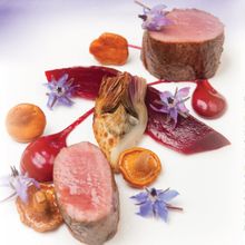 Herdwick lamb accompanied by a beetroot girolle and a mascarpone blood orange streusel, both of which feature in Burnt