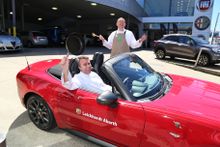 Chef Oliver Heath (standing), Cooking Stage MC Enzo Guarino in the new 124 Fiat Sprint