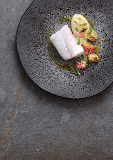 Poached Skrei Cod, Cauliflower Purée and Pickled Radishes