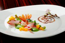 NOBU InterContinental Hong Kong -Mother's Day Dinner - ABURI MEBARU & BOTAN EBI SASHIMI   WATERCRESS, STRAWBERRY, MANGO 