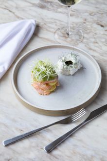 House hot smoked salmon, yoghurt & cucumber, smoked potato