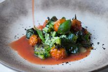 Crab, cherry tomato gazpacho, infused with gin, dried black olives