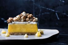 Frozen lemon mousse, popcorn, lemon curd, digestive biscuits