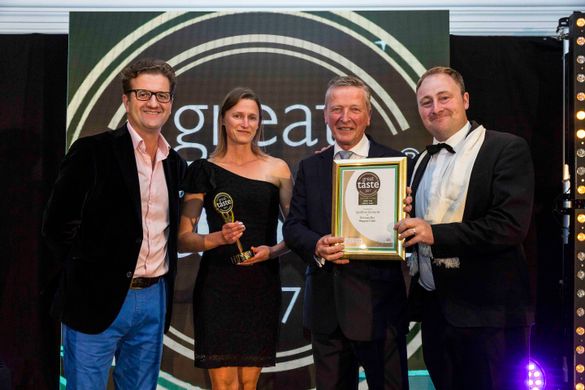 John Farrand from the Guild of Fine Food, Marie Butterfield from Sandford Orchards, Jonathan Tull from InkREADible Labels and Barny Butterfield from Sandford Orchards. John Farrand from the Guild of Fine Food, Marie Butterfield from Sandford Orchards, Jonathan Tull from InkREADible Labels and Barny Butterfield from Sandford Orchards.