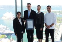 Shangri-La HOtel, Sydney ISO 22000 Award. Left to right, F+B Hygienist Gauri Apte, General Manager Craig Hooley, Resident Manager Gudrun Smith & Executive Chef Hemant Dadlani.