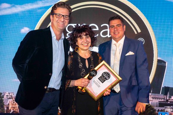 (L to R) John Farrand, Guild of Fine Food, Hanan Samara of Terra Rossa and Vincent Carlucci from Tenuta Marmorelle.  (L to R) John Farrand, Guild of Fine Food, Hanan Samara of Terra Rossa and Vincent Carlucci from Tenuta Marmorelle.