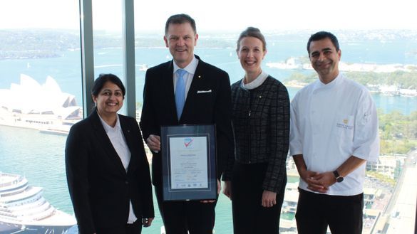 Shangri-La HOtel, Sydney ISO 22000 Award. Left to right, F+B Hygienist Gauri Apte, General Manager Craig Hooley, Resident Manager Gudrun Smith & Executive Chef Hemant Dadlani.