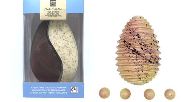 Moser Roth Hand Decorated Belgian Dark Chocolate Ripple Egg with Hazelnut Truffles (2),£4.99, 220g, available now.  Delectable Duo Egg Milk and Caramel Dore with Pink Himalayan Salt, £4.99, 205g, available now. Delectable Duo Egg Milk and White Chocolate 
