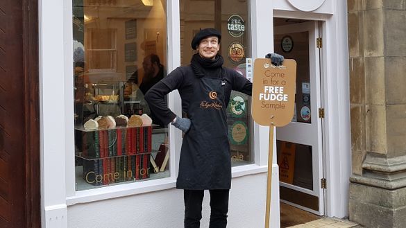 Oxford Fudge Kitchen shop with manager Toby Lee Oxford Fudge Kitchen shop with manager Toby Lee